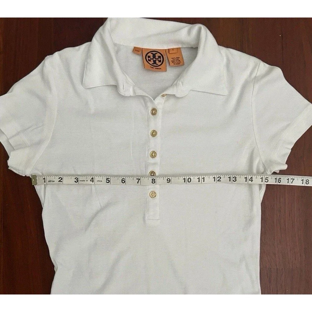 Tory Burch Small Fitted Polo Top White Short Sleeve Collar Shirt Gold Buttons